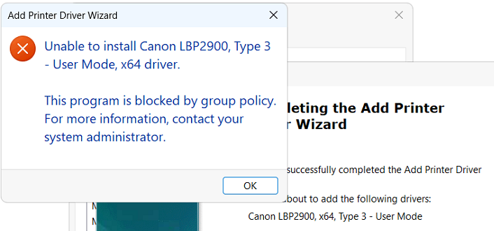 Lỗi cài đặt máy in Canon 2900 "This program is blocked by group policy."
